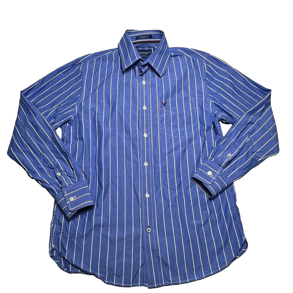 Y2kAmerican Eagle Shirt Men's Medium -Vtg Fit- Blue White Stripes 100% Cotton